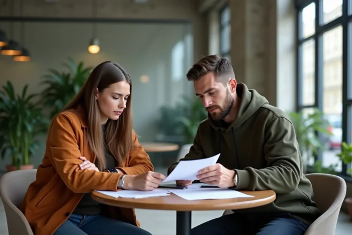 Couple parisien en réunion avec un agent immobilier examinant des documents de location et une tablette dans un espace moderne
