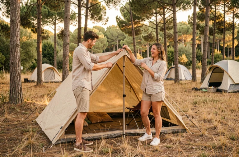 Couple installant une tente dans un camping pas cher entouré de pins en France en août