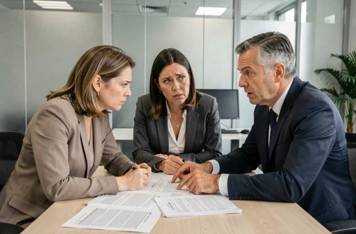 Un couple de particuliers en consultation avec un conseiller immobilier examine des documents contractuels dans une agence, illustrant les interrogations autour des offres de logement