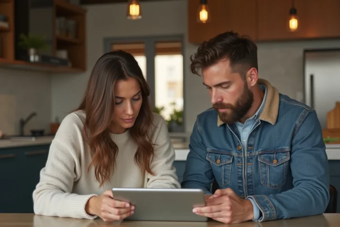 Couple consultant une visite immersive 360 sur tablette pour comprendre les tarifs d'une visite lamaison360