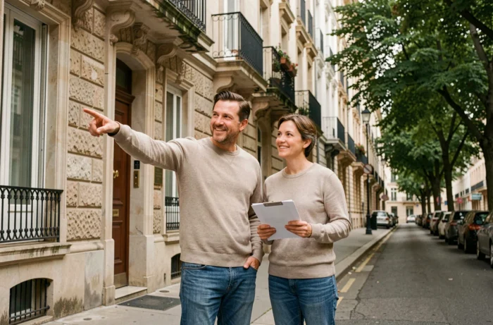 Couple évaluant un immeuble résidentiel en pierre pour un investissement immobilier dans une rue européenne