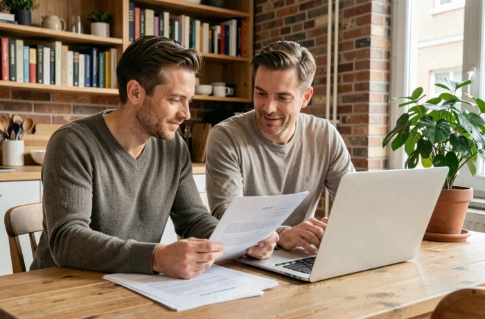 Couple consultant des documents de prêt immobilier modulable à la maison, projet d'achat immobilier avec Modulimmo