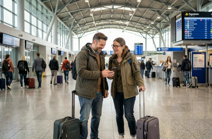 Couple avec valises devant un tableau des départs dans un terminal d'aéroport international animé