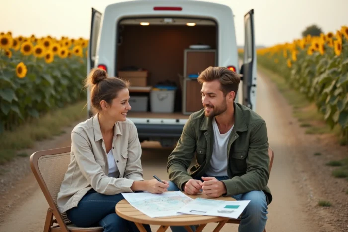 Couple consultant des documents réglementaires assis devant un van aménagé sur un chemin agricole entouré de tournesols
