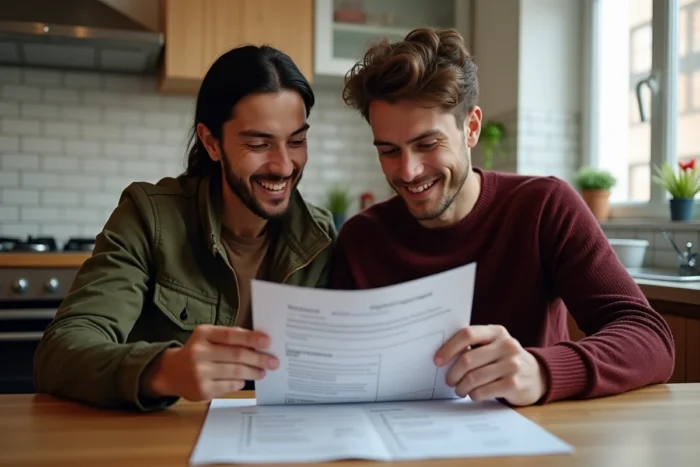 Couple vérifiant les documents nécessaires pour une demande de logement social Syplo dans leur cuisine