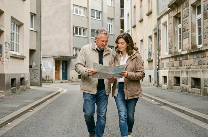 Couple consultant une carte dans un quartier urbain mixte de Brive-la-Gaillarde lors d'une visite de repérage