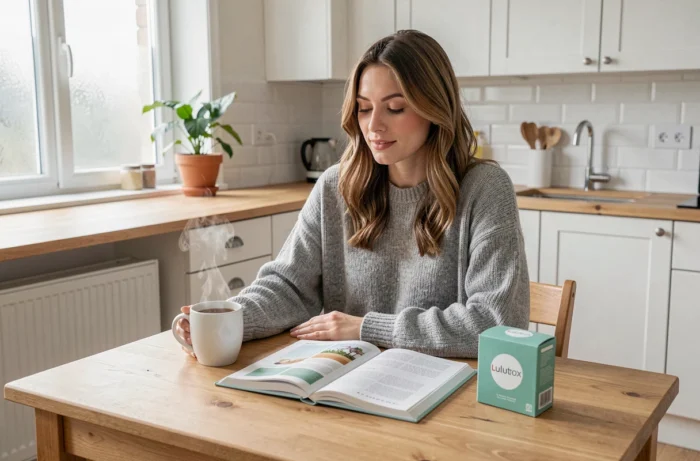 Femme buvant une tisane Lulutox détox à la maison avec un journal bien-être et la boîte de cure sur une table en bois