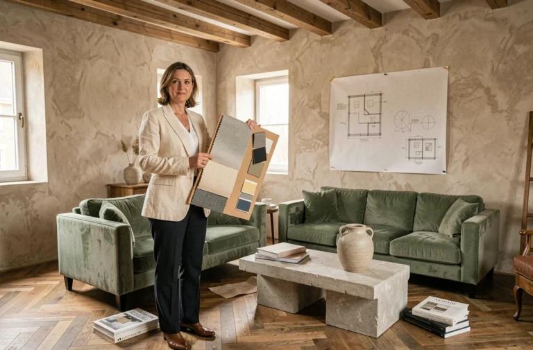 Décoratrice immobilière professionnelle présentant un moodboard de matériaux dans un salon en cours de rénovation avec parquet en chevron et poutres en chêne