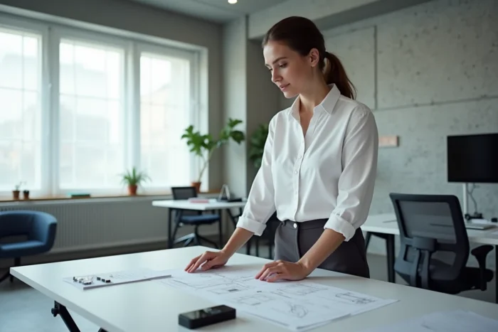 Designer industrielle étudiant des plans de téléphone Doro dans un bureau scandinave moderne, illustrant le processus de fabrication de la marque