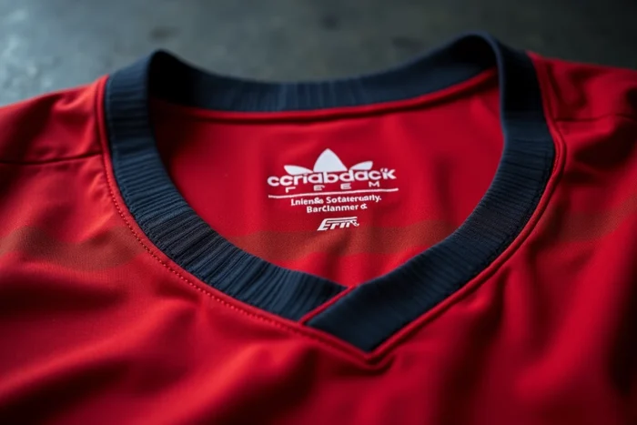 Détail macro du col et des coutures intérieures d'un maillot Bastard München de qualité supérieure