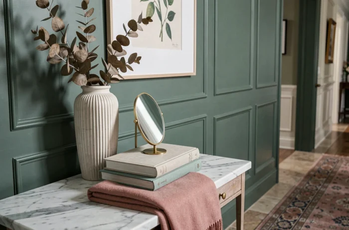 Détail de décoration intérieure sur une console en marbre avec vase en céramique, livres en lin et boiseries vert sauge dans un couloir élégant
