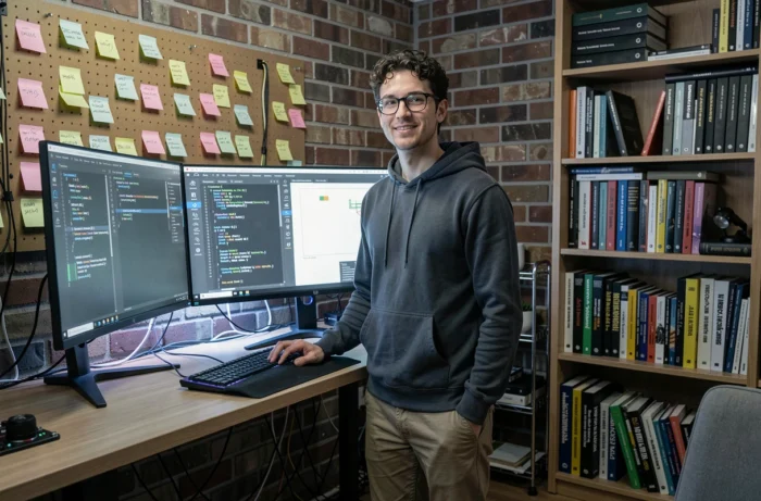 Développeur web travaillant sur du code et un logiciel de design dans un studio home-office équipé