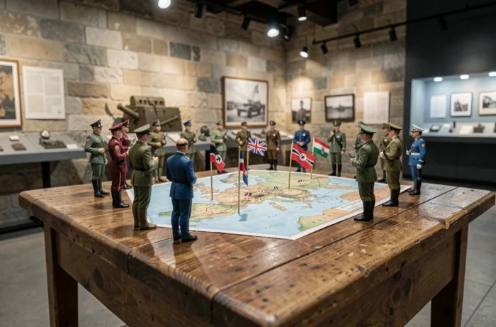 Diorama miniature d'un état-major de la Seconde Guerre mondiale représentant des officiers alliés et de l'Axe autour d'une table de commandement avec des drapeaux nationaux sur une carte de l'Europe