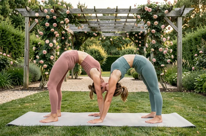 Deux femmes pratiquant le yoga en duo dans un jardin avec pergola en bois et rosiers grimpants