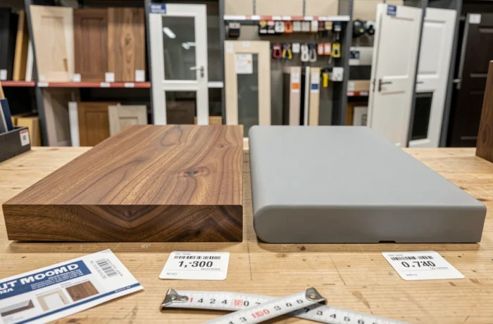 Échantillons de portes postformées en chêne et gris mat présentés sur un établi dans un showroom de menuiserie
