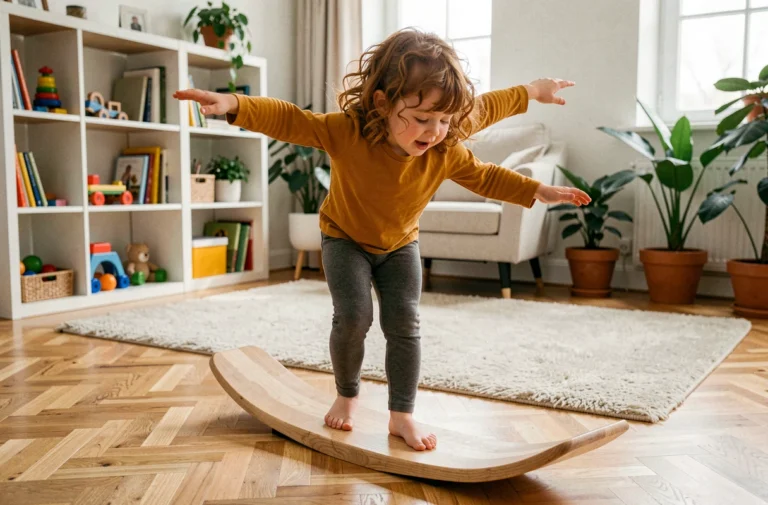Petite fille aux cheveux bouclés qui s'équilibre sur une planche Wobbel en bois dans un salon scandinave lumineux