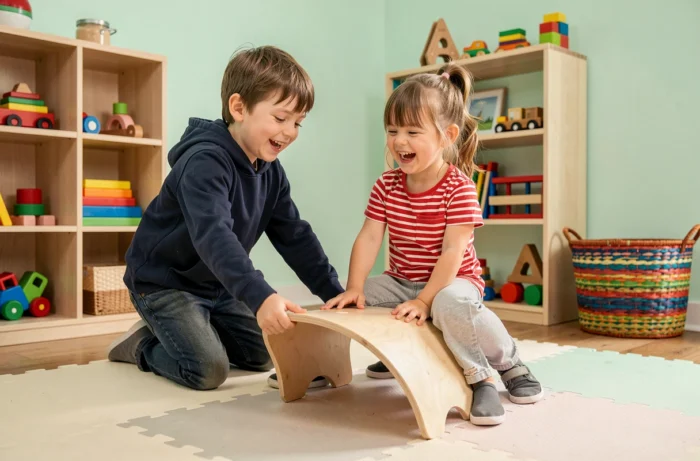Deux enfants jouant ensemble sur une planche d'équilibre Wobbel en bois dans une salle de jeux colorée et organisée