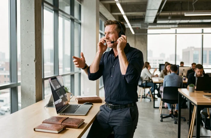 Entrepreneur masculin en télétravail dans un espace de coworking moderne, gérant un appel professionnel en tant qu'indépendant