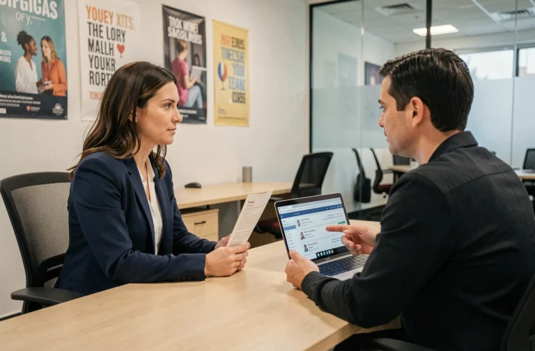Femme en entretien de conseil avec un conseiller Pôle emploi dans une agence moderne, tenant son CV lors d'un bilan de compétences Solerys