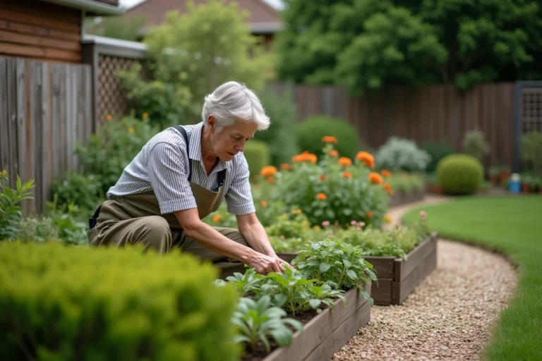Femme jardinant dans un jardin résidentiel bien entretenu avec massifs fleuris, pelouse et allée en gravier, illustrant l'entretien du jardin toute l'année