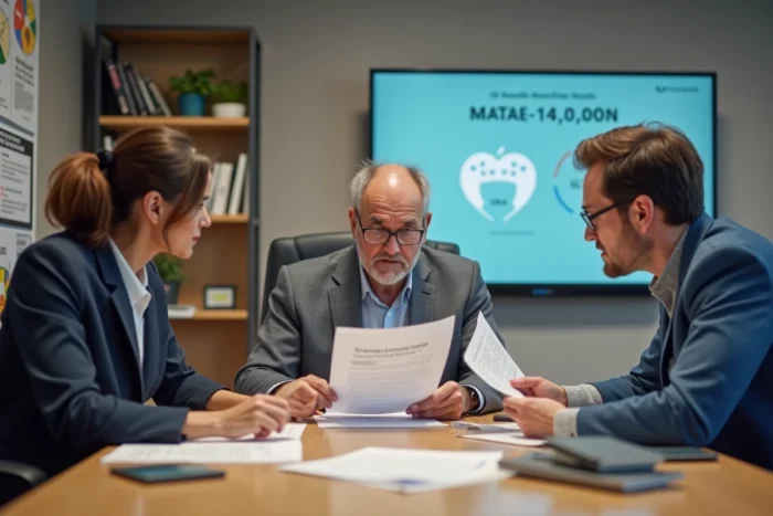 Équipe de professionnels de santé discutant des dernières actualités médicales en salle de réunion