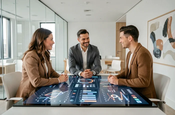 Équipe de professionnels collaborant sur une stratégie de création web innovante autour d'un écran tactile interactif