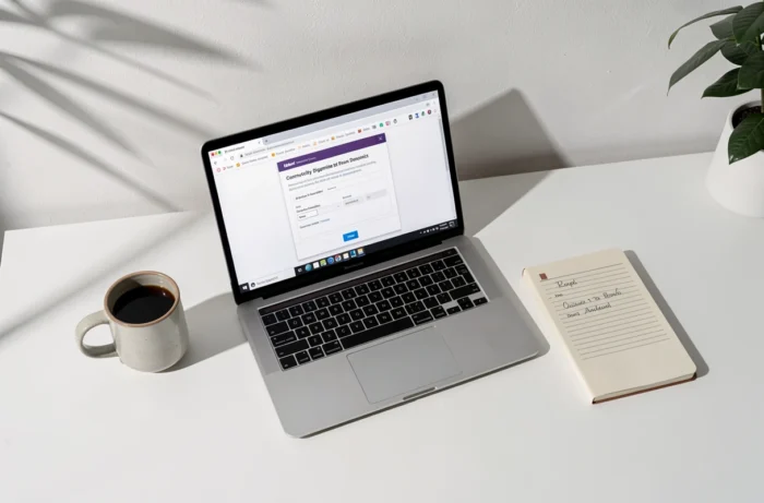 Ordinateur portable affichant une erreur de connexion à la messagerie Pia sur un bureau minimaliste