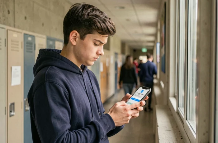 Étudiant consultant son smartphone pour accéder au webmail académique de Créteil en couloir scolaire
