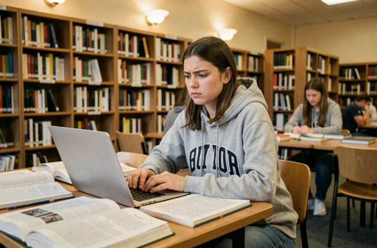 Étudiante concentrée dans une bibliothèque universitaire entourée de livres et de notes de cours