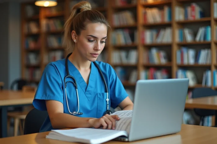 Étudiante en médecine étudiant un manuel d'anatomie sur les parties du corps humain dans une bibliothèque