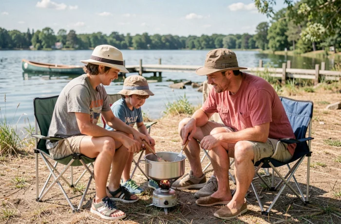 Famille en vacances camping au bord d'un lac prépare un repas sur un réchaud de camping en août