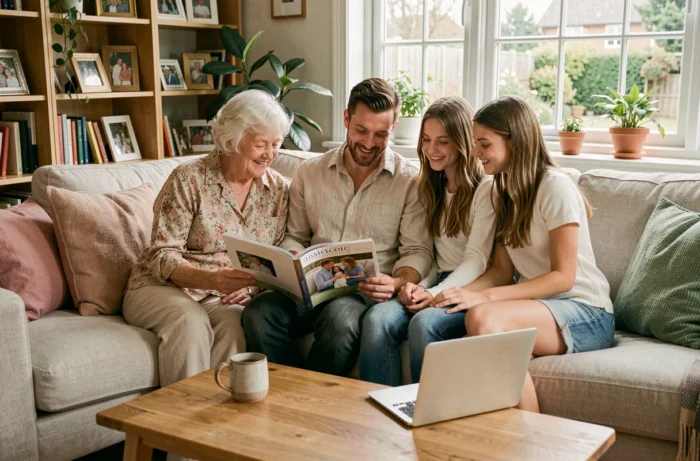 Famille multigénérationnelle réunie dans un salon pour consulter des ressources et services familiaux