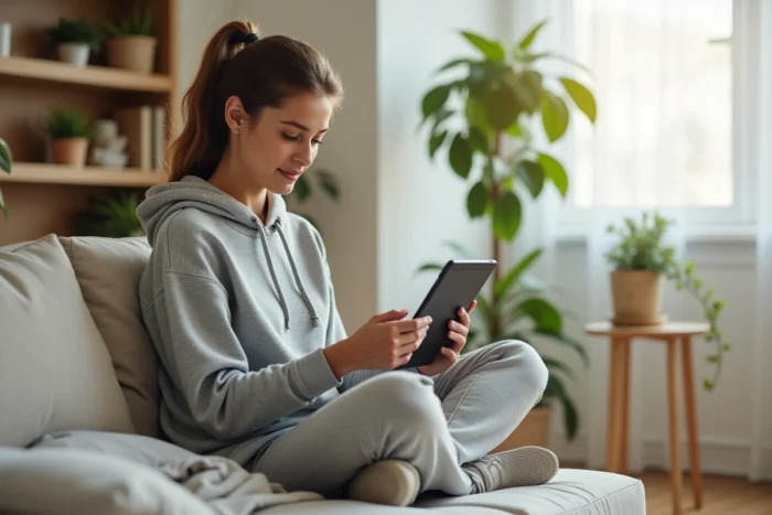 Femme décontractée consultant des actualités sportives sur une tablette dans un salon minimaliste moderne