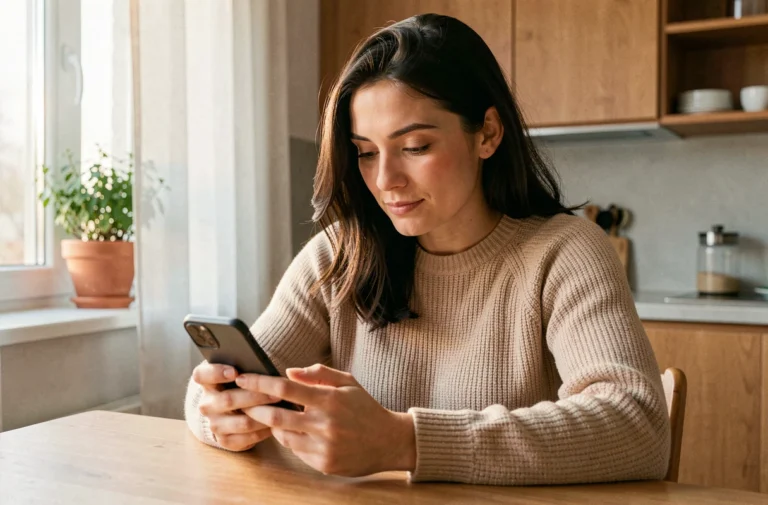Femme utilisant une application de livraison en ligne sur smartphone dans sa cuisine moderne