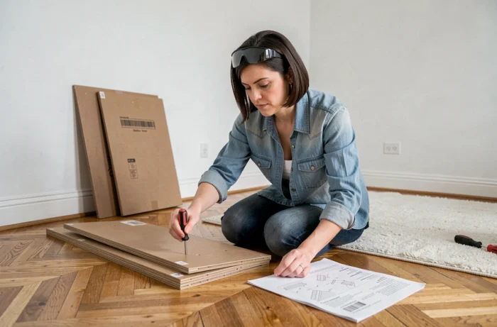 Femme assemblant des meubles en kit sur le parquet de son salon, conseils essentiels pour débuter le bricolage à la maison