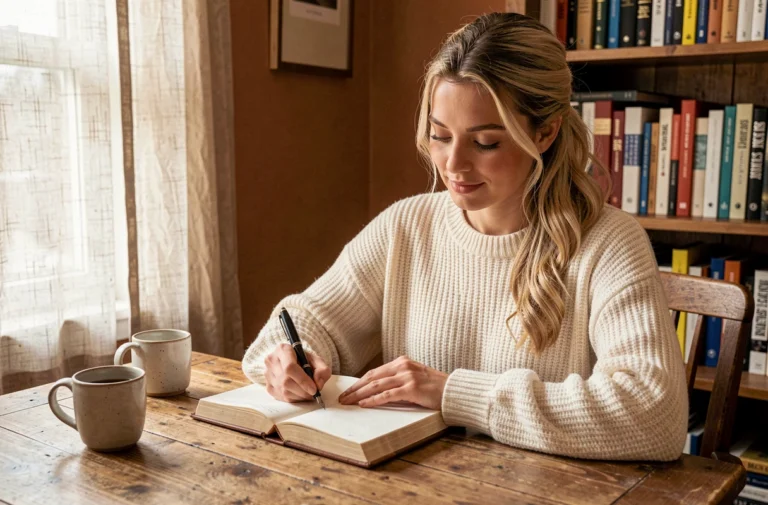 Jeune femme blonde écrivant dans un journal intime dans un bureau cosy, inspiration éditoriale et créativité féminine