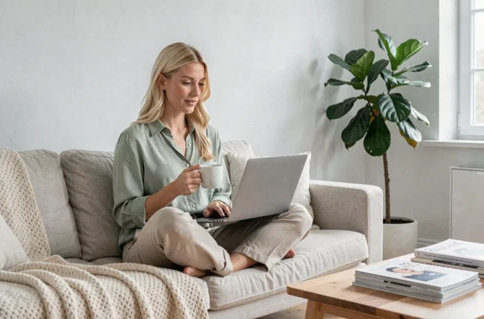 Femme blonde lisant un blog lifestyle sur ordinateur portable dans un salon scandinave épuré