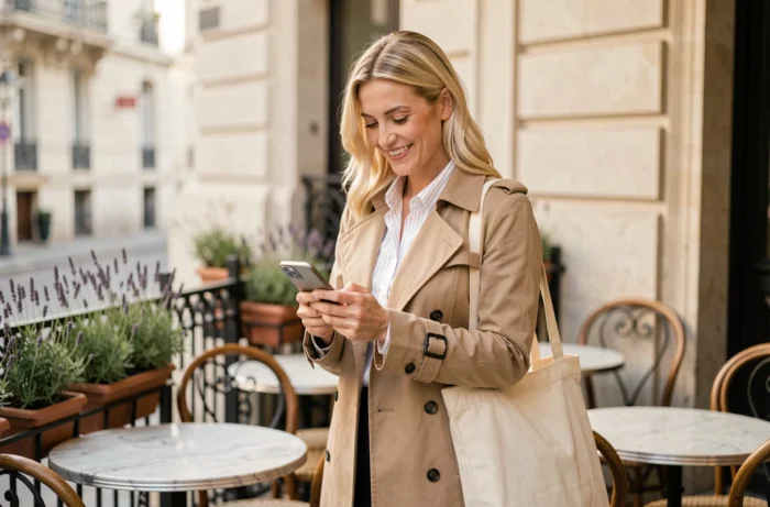 Femme blonde souriante consultant son téléphone en terrasse de café parisien, style lifestyle et inspiration en ligne
