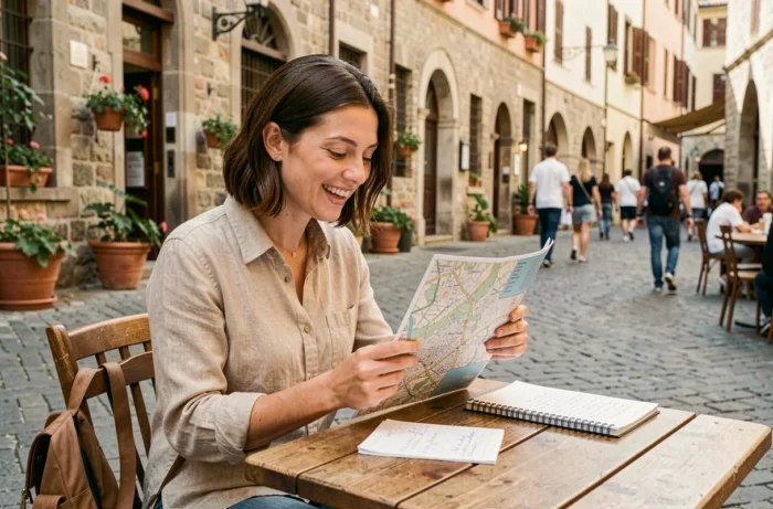 Femme consultant une carte et des notes de voyage dans un café sur une place pavée européenne ensoleillée