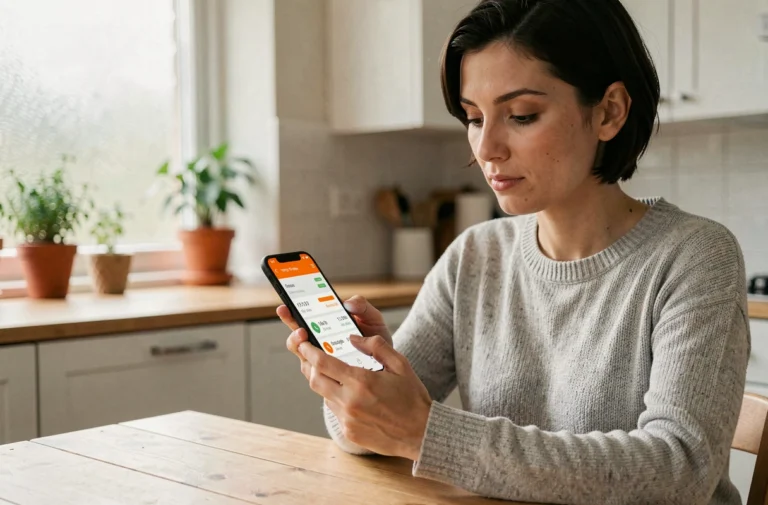 Femme consultant sa consommation internet Orange sur smartphone Android dans une cuisine moderne