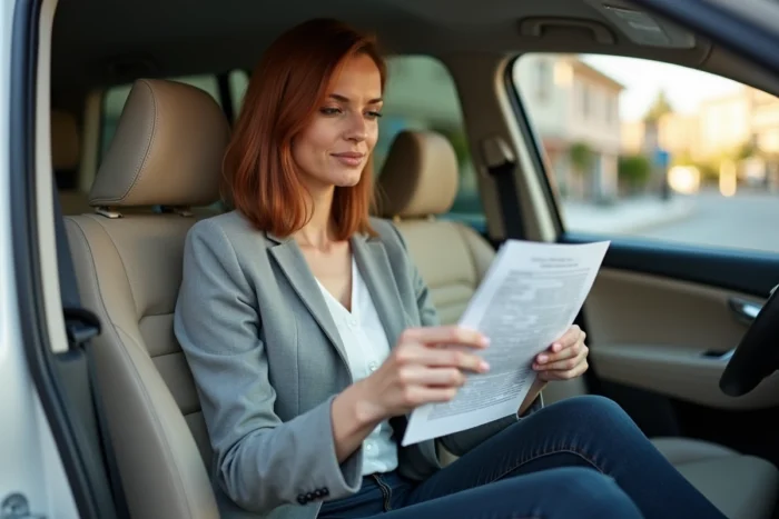 Femme consultant l'historique d'un véhicule d'occasion assis dans un SUV familial spacieux