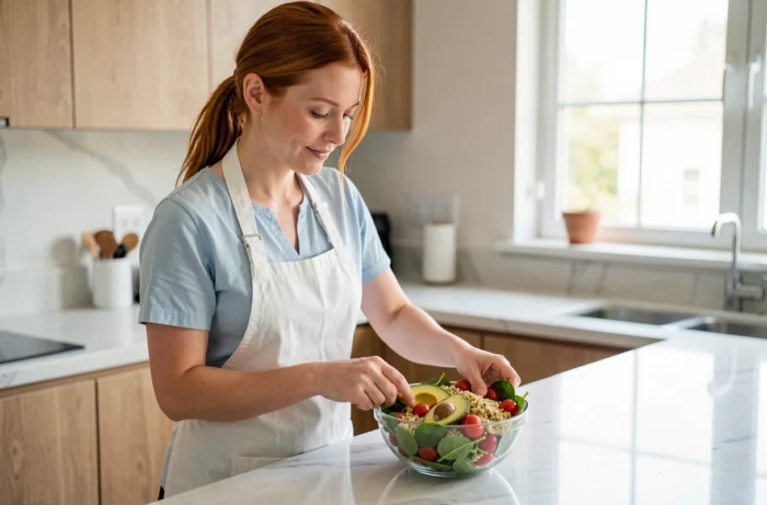 Jeune femme préparant un bol de salade fraîche et nutritive dans une cuisine moderne, alimentation saine et bien-être