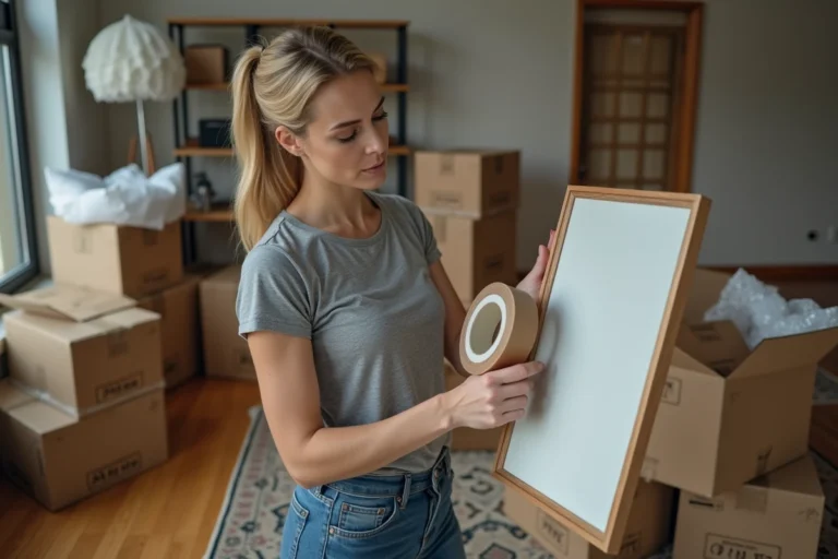 Femme en train d'emballer des affaires dans des cartons lors d'un débarras de maison