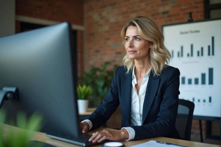 Femme entrepreneur analysant un tableau de bord de stratégie digitale pour booster son activité professionnelle