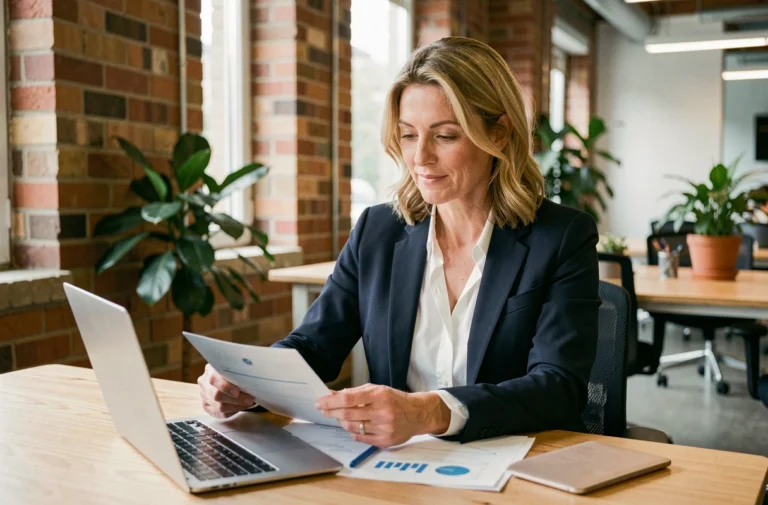 Femme entrepreneuse concentrée travaillant sur des documents dans un espace de coworking moderne