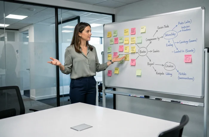 Femme entrepreneuse présentant une stratégie d'entreprise devant un tableau blanc en salle de réunion