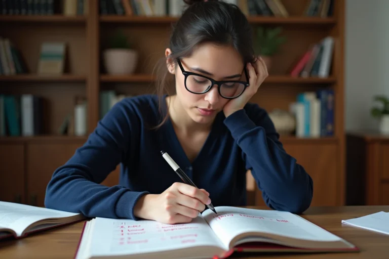 Femme étudiant les règles d'orthographe du pluriel en français avec des livres de grammaire ouverts sur un bureau en bois