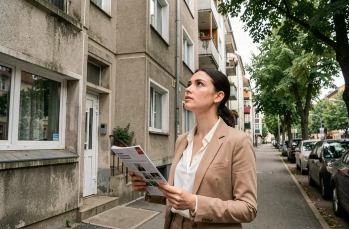Une jeune femme évalue un immeuble résidentiel en consultant une brochure immobilière, représentant les démarches d'un particulier face à une société de logement