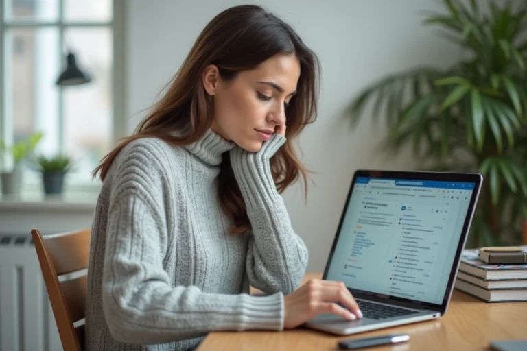 Femme utilisant un portail de messagerie web sur son ordinateur portable dans un bureau à domicile moderne