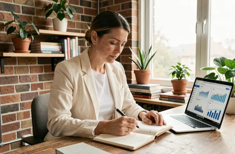 Femme indépendante travaillant dans un bureau à domicile chaleureux, consultant un planificateur professionnel et un ordinateur portable